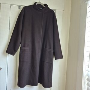 Eileen Fisher Dark Brown Mock Neck knee-length, relaxed fit wool coat, 1X